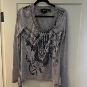 Miss Me Graphic Asymmetrical Gray Blouse